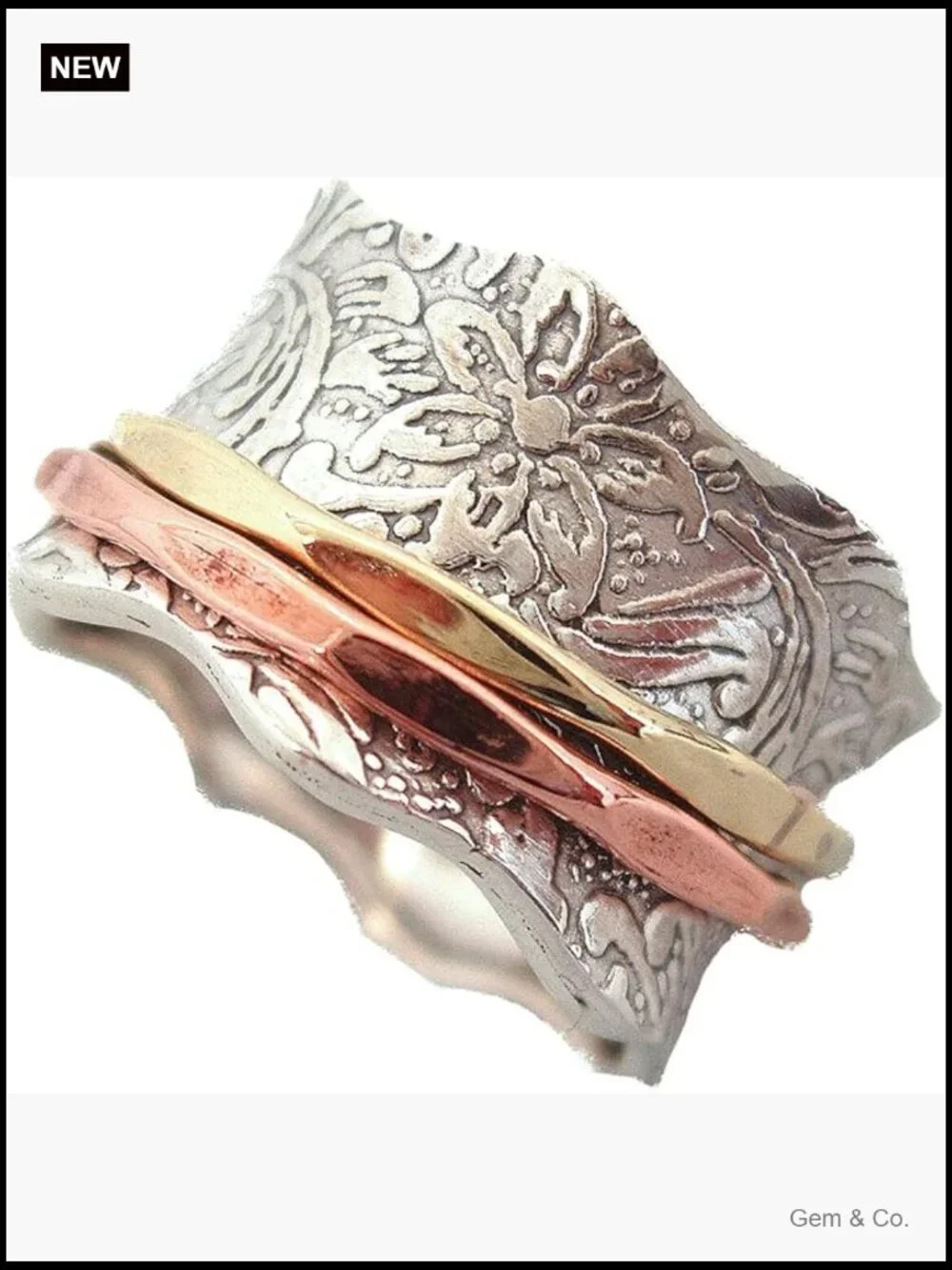 925 Sterling Silver Fidget Spinner Ring Floral Pattern Size 7